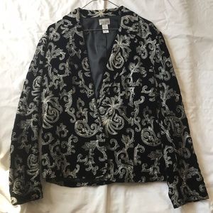 Chico’s black with white embroidery velvety jacket